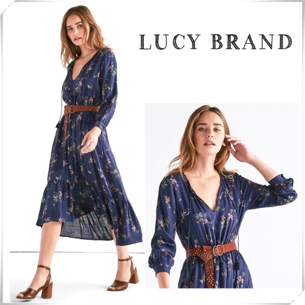 Lucky Brand Floral Print Puff Sleeve Flowy Bohemian Midi Dress in Navy Blue NWT